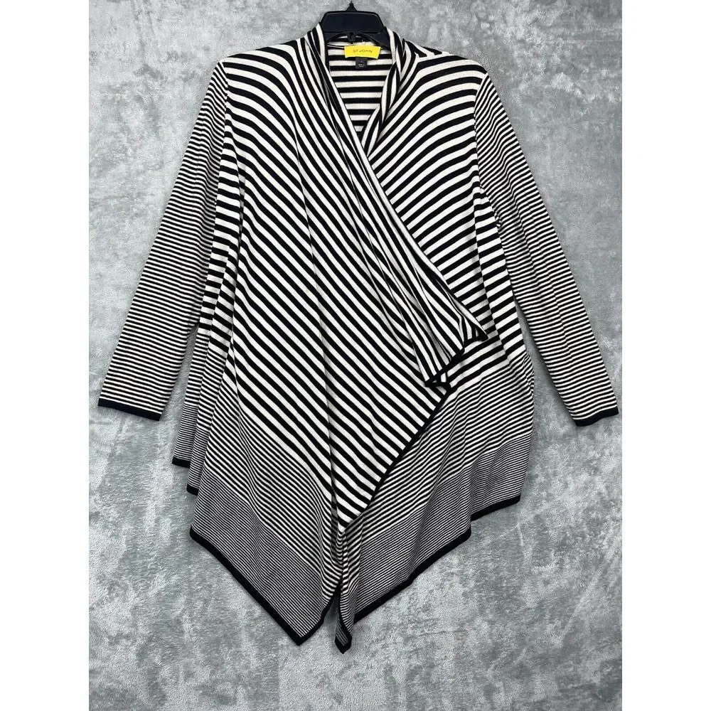 St. John Women's Striped Long Sleeve Open Front Cardigan Sweater Black Large‎